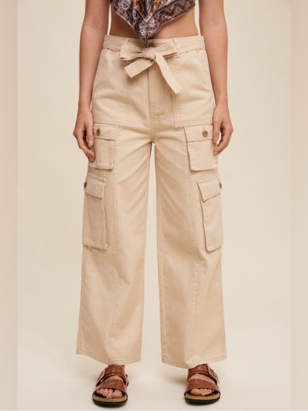 Listicle Wide-Leg Cargo Pants in Beige